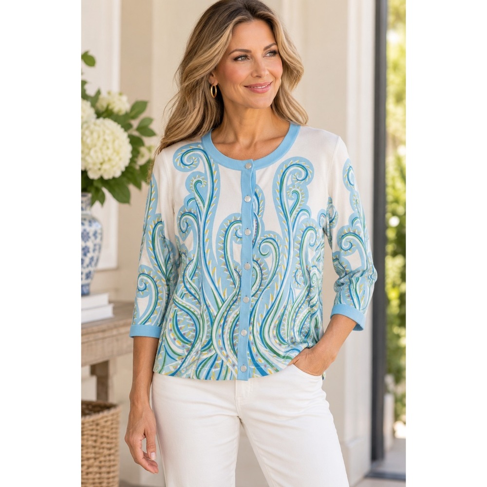 NWT Bob Mackie Wearable Art Cardigan L Blue Paisley Coastal Grandmillennial